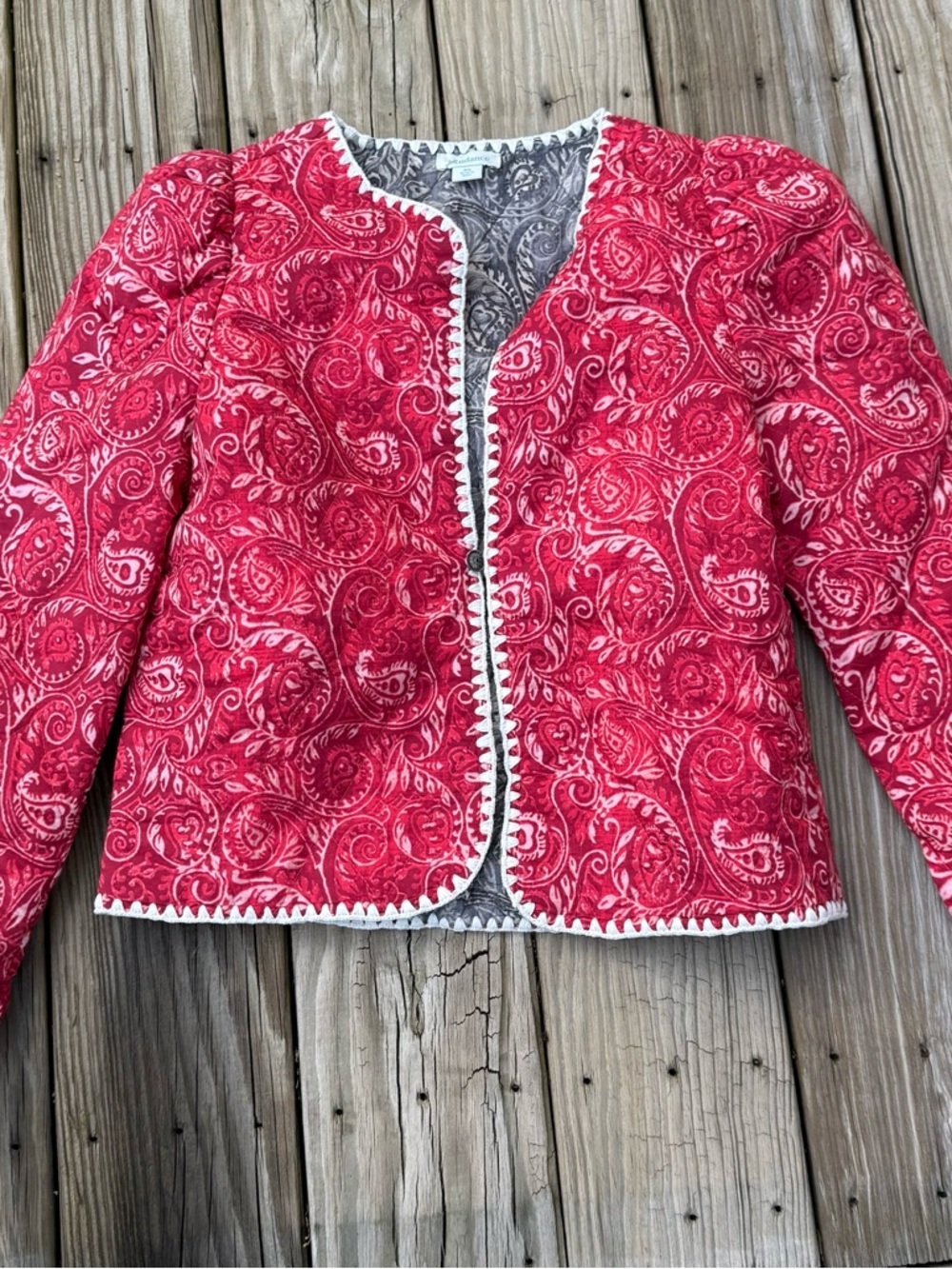 Sundance Jacket Womens XS red White Quilted Embroidered Floral Zip Cotton Boho
